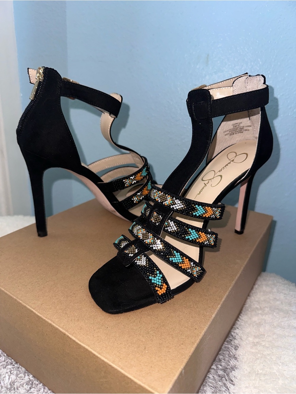 Jessica Simpson Oprina Black Beaded Strappy High Heel Sandals